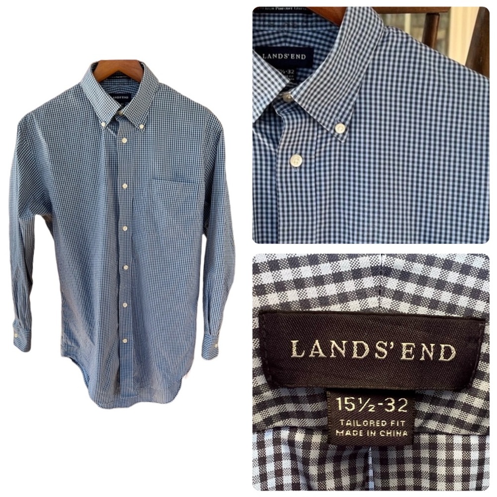 Lands End Men’s Cotton Long Sleeve Button Down Shirt Navy White Plaid 15.5-32
